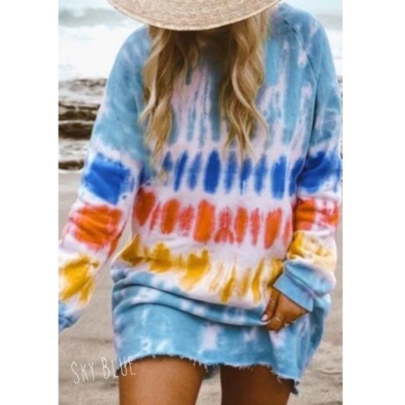 Tie dye long sleeves shirt dress - sky blue - Picture 1 of 3